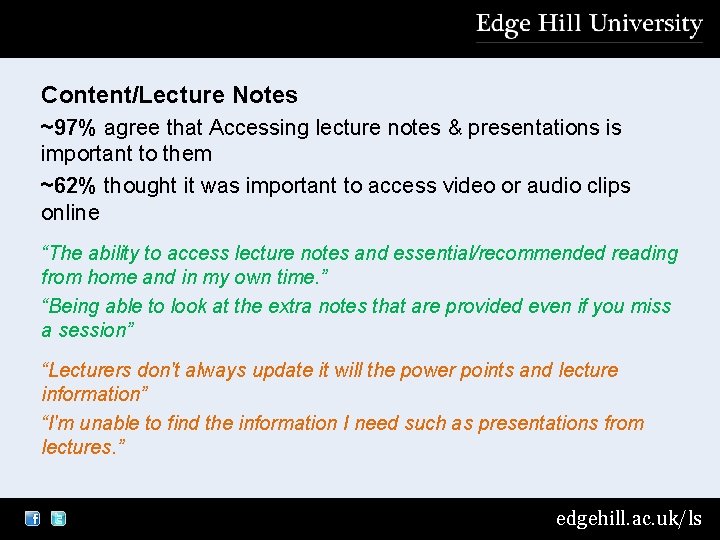 Content/Lecture Notes ~97% agree that Accessing lecture notes & presentations is important to them