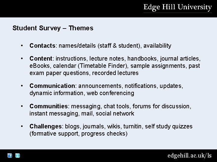 Student Survey – Themes • Contacts: names/details (staff & student), availability • Content: instructions,