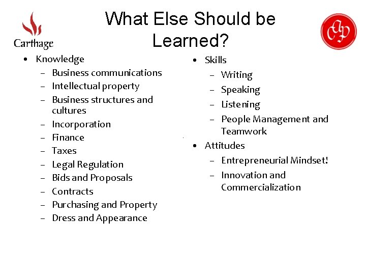 What Else Should be Learned? • Knowledge – Business communications – Intellectual property –