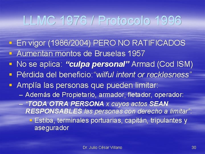 LLMC 1976 / Protocolo 1996 § § § En vigor (1986/2004) PERO NO RATIFICADOS
