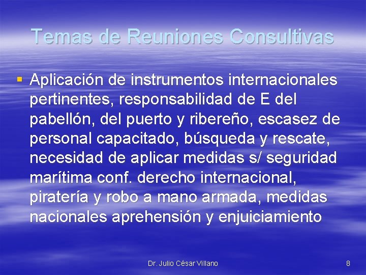 Temas de Reuniones Consultivas § Aplicación de instrumentos internacionales pertinentes, responsabilidad de E del