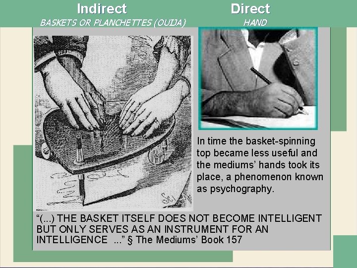 Indirect BASKETS OR PLANCHETTES (OUIJA) Direct HAND In time the basket-spinning top became less