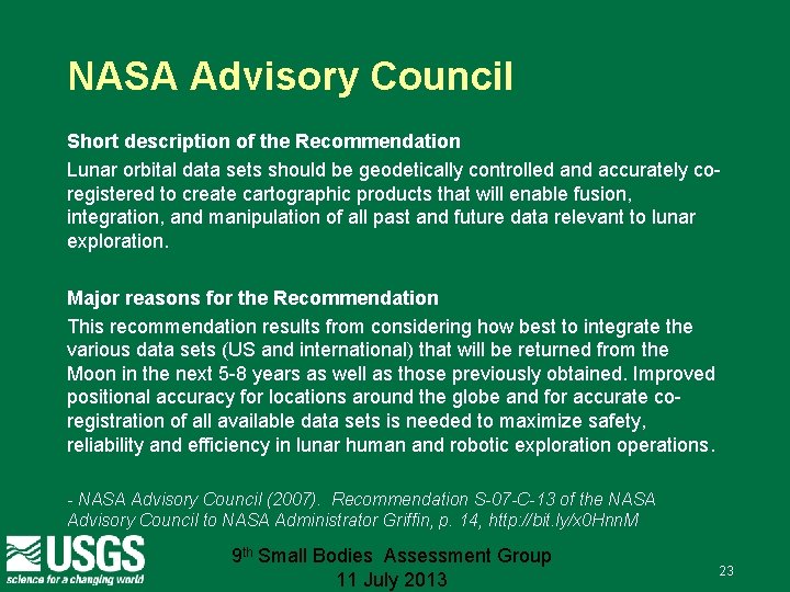 NASA Advisory Council Short description of the Recommendation Lunar orbital data sets should be