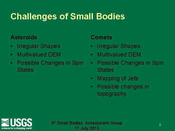 Challenges of Small Bodies Asteroids Comets • Irregular Shapes • Multivalued DEM • Possible