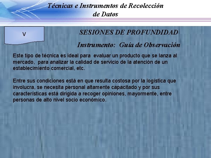 Técnicas e Instrumentos de Recolección de Datos V SESIONES DE PROFUNDIDAD Instrumento: Guía de