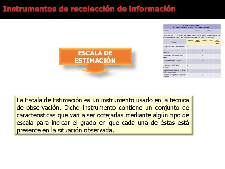 Instrumentos de recolección de información ESCALA DE ESTIMACIÓN La Escala de Estimación es un