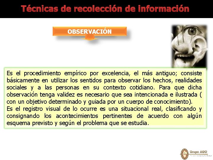 Técnicas de recolección de información OBSERVACIÓN Es el procedimiento empírico por excelencia, el más