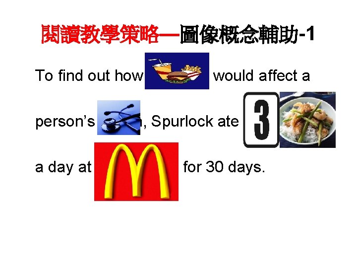 閱讀教學策略—圖像概念輔助-1 To find out how fast food would affect a person’s health, Spurlock ate