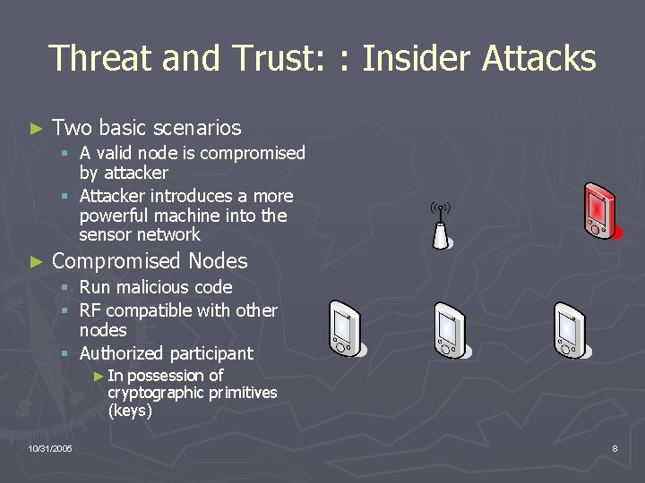 Threat and Trust: : Insider Attacks ► Two basic scenarios § A valid node