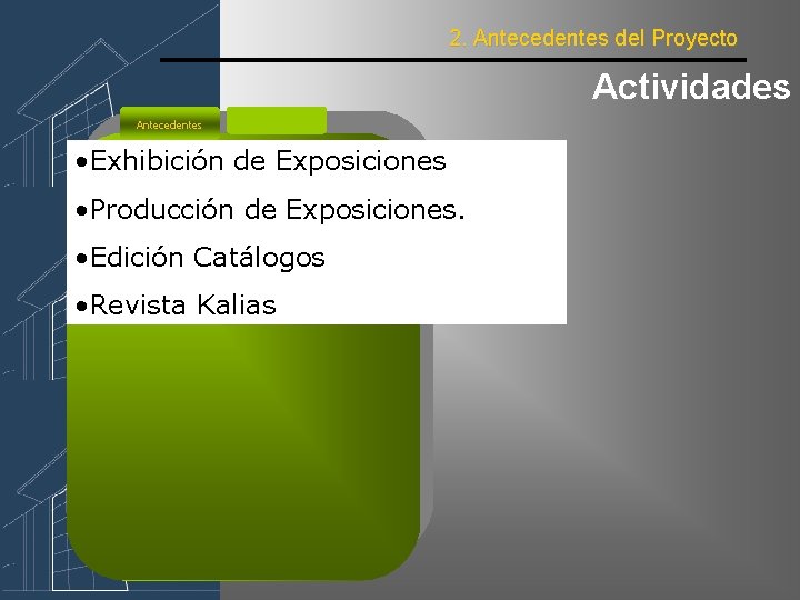 2. Antecedentes del Proyecto Actividades Antecedentes • Exhibición de Exposiciones • Producción de Exposiciones.