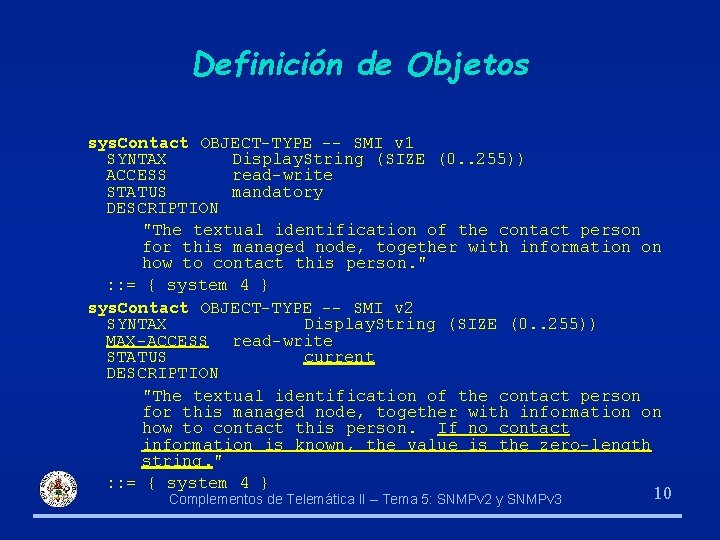 Definición de Objetos sys. Contact OBJECT-TYPE -- SMI v 1 SYNTAX Display. String (SIZE