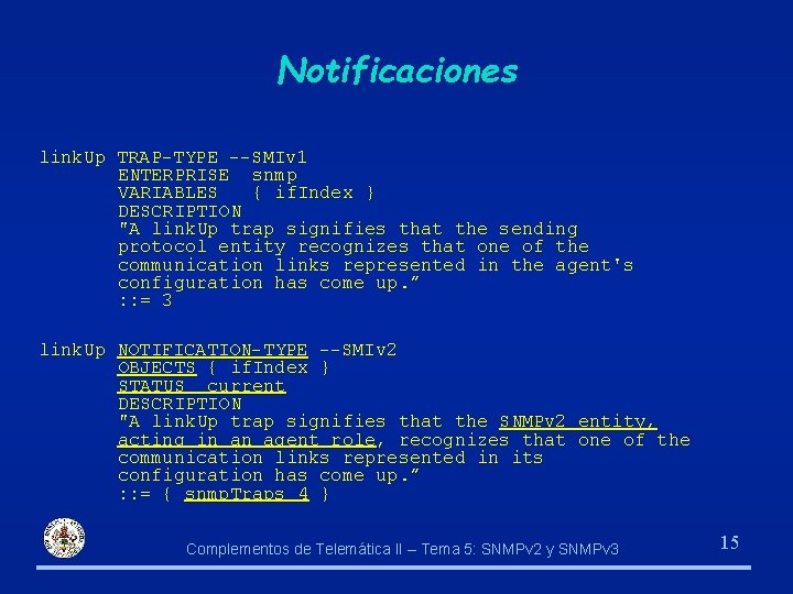 Notificaciones link. Up TRAP-TYPE --SMIv 1 ENTERPRISE snmp VARIABLES { if. Index } DESCRIPTION