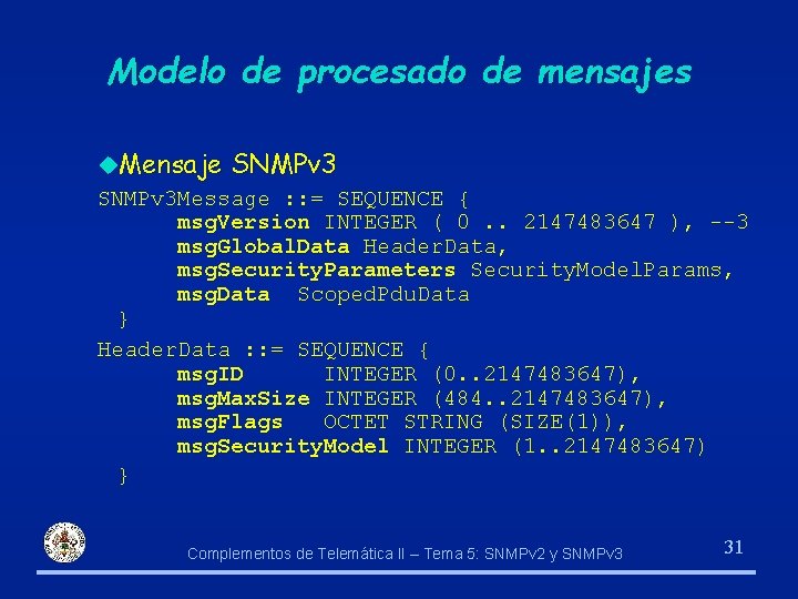 Modelo de procesado de mensajes u. Mensaje SNMPv 3 Message : : = SEQUENCE