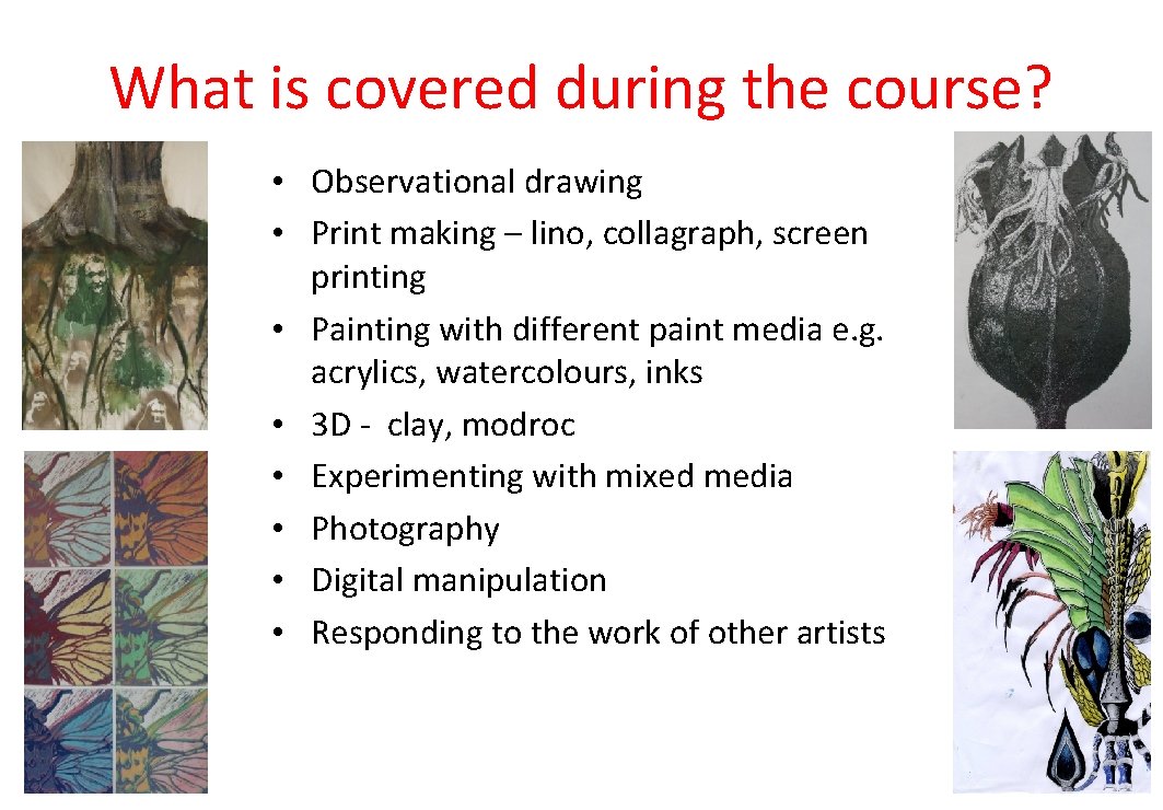 What is covered during the course? • Observational drawing • Print making – lino,
