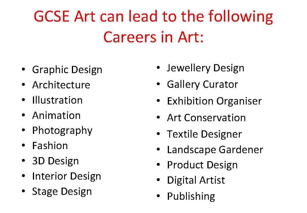 GCSE Art can lead to the following Careers in Art: • • • Graphic