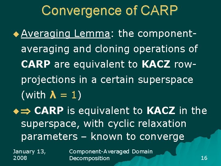 Convergence of CARP u Averaging Lemma: the component- averaging and cloning operations of CARP