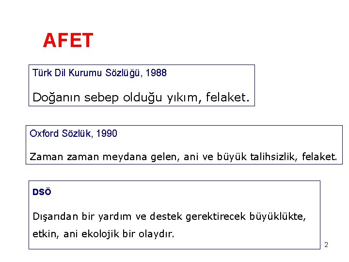 AFET Türk Dil Kurumu Sözlüğü, 1988 Doğanın sebep olduğu yıkım, felaket. Oxford Sözlük, 1990