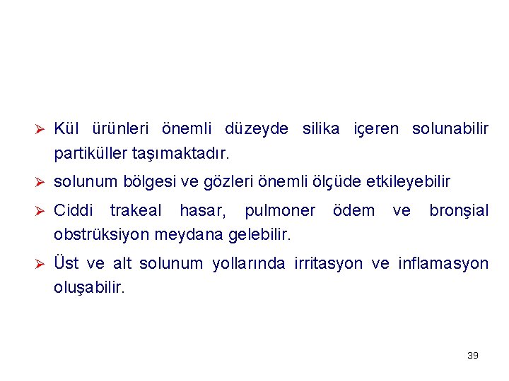 Ø Kül ürünleri önemli düzeyde silika içeren solunabilir partiküller taşımaktadır. Ø solunum bölgesi ve