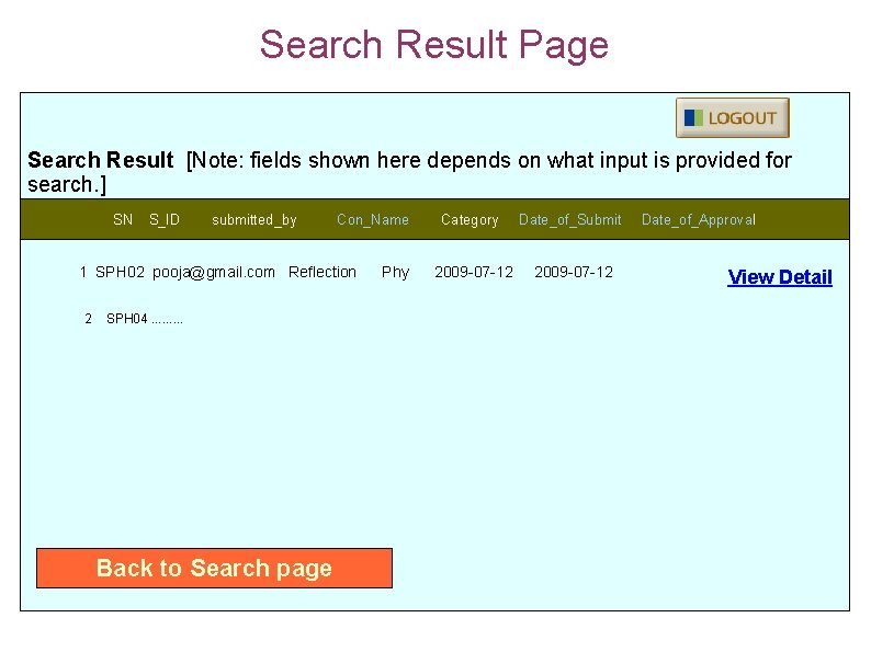Search Result Page Search Result [Note: fields shown here depends on what input is
