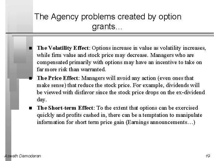 The Agency problems created by option grants… The Volatility Effect: Options increase in value The Agency problems created by option grants… The Volatility Effect: Options increase in value