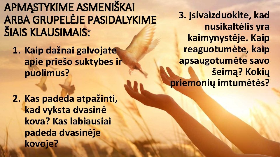 APMĄSTYKIME ASMENIŠKAI ARBA GRUPELĖJE PASIDALYKIME ŠIAIS KLAUSIMAIS: 1. Kaip dažnai galvojate apie priešo suktybes