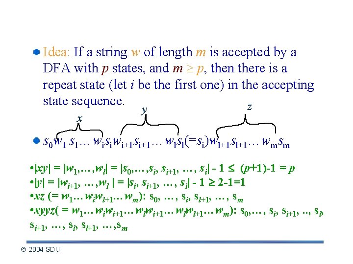 Proof of pumping lemma Idea: If a string w of length m is accepted