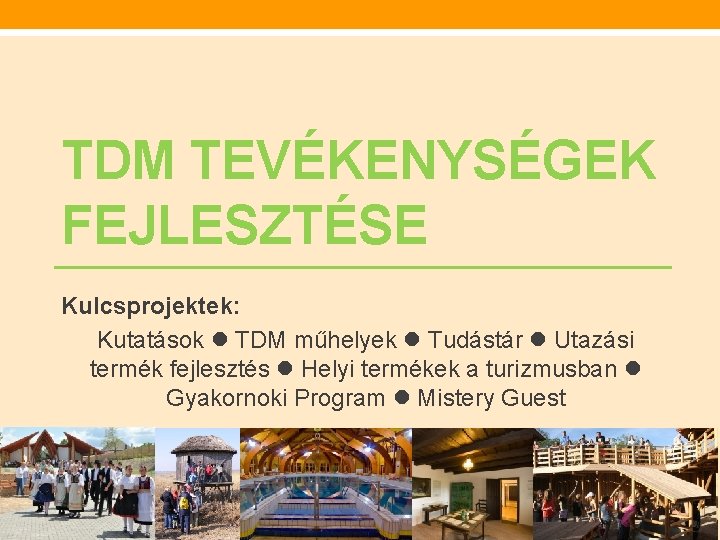 TDM TEVÉKENYSÉGEK FEJLESZTÉSE Kulcsprojektek: Kutatások TDM műhelyek Tudástár Utazási termék fejlesztés Helyi termékek a