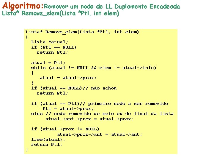 Algoritmo: Remover um nodo de LL Duplamente Encadeada Lista* Remove_elem(Lista *Ptl, int elem) {