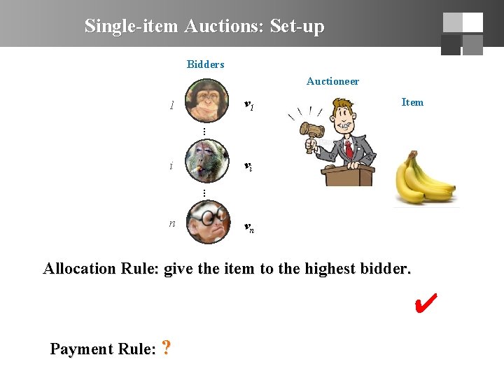 Single-item Auctions: Set-up Bidders Auctioneer v 1 1 Item … vi i … n