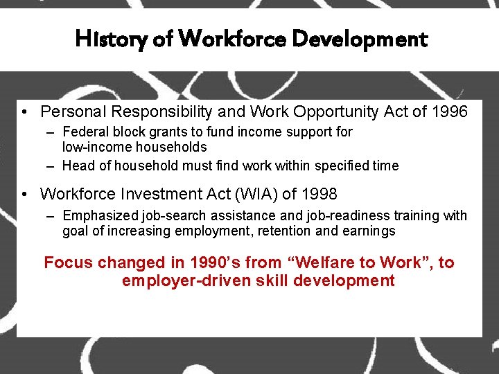History of Workforce Development • Personal Responsibility and Work Opportunity Act of 1996 –