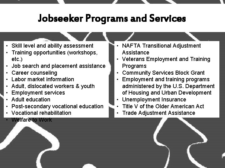Jobseeker Programs and Services • Skill level and ability assessment • Training opportunities (workshops,
