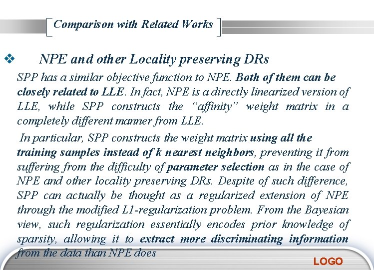 Comparison with Related Works v NPE and other Locality preserving DRs SPP has a