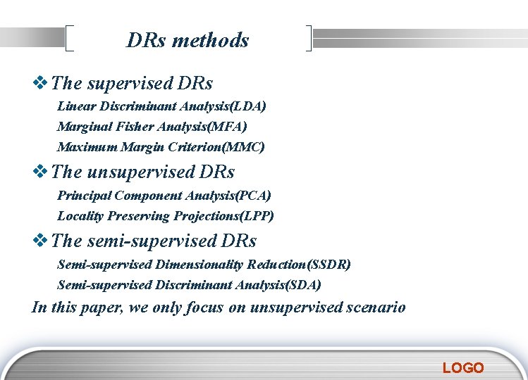 DRs methods v The supervised DRs Linear Discriminant Analysis(LDA) Marginal Fisher Analysis(MFA) Maximum Margin