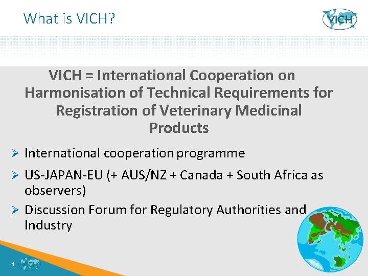 What is VICH? VICH = International Cooperation on Harmonisation of Technical Requirements for Registration