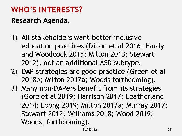 WHO’S INTERESTS? Research Agenda. 1) All stakeholders want better inclusive education practices (Dillon et