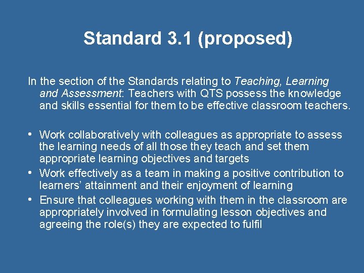 Standard 3. 1 (proposed) In the section of the Standards relating to Teaching, Learning