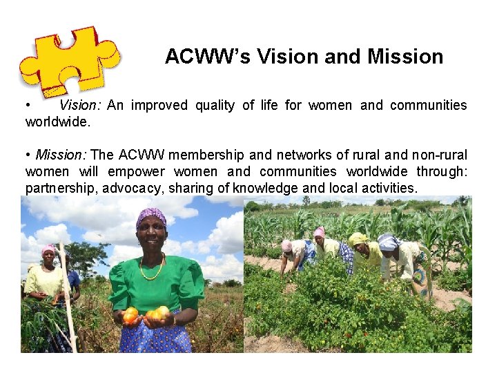 ACWW’s Vision and Mission • Vision: An improved quality of life for women and