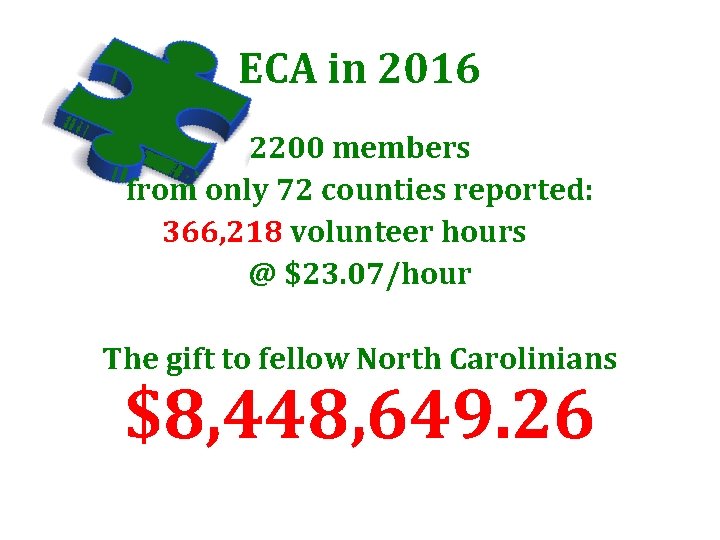 ECA in 2016 2200 members from only 72 counties reported: 366, 218 volunteer hours