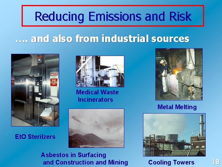 Reducing Emissions and Risk …. and also from industrial sources Medical Waste Incinerators Metal