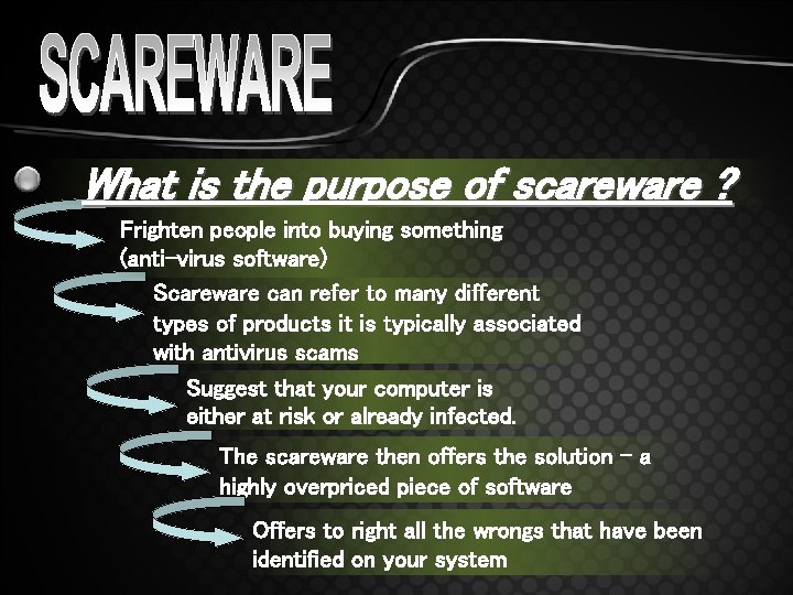 What is the purpose of scareware ? Frighten people into buying something (anti-virus software)