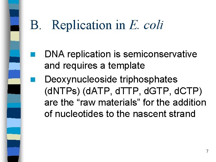 B. Replication in E. coli DNA replication is semiconservative and requires a template n