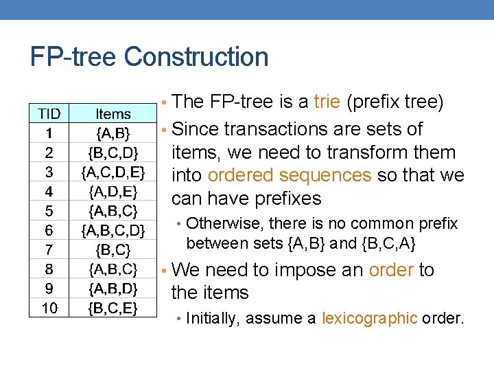 FP-tree Construction • The FP-tree is a trie (prefix tree) • Since transactions are