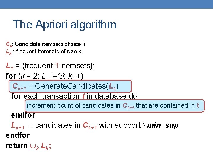 The Apriori algorithm Ck: Candidate itemsets of size k Lk : frequent itemsets of