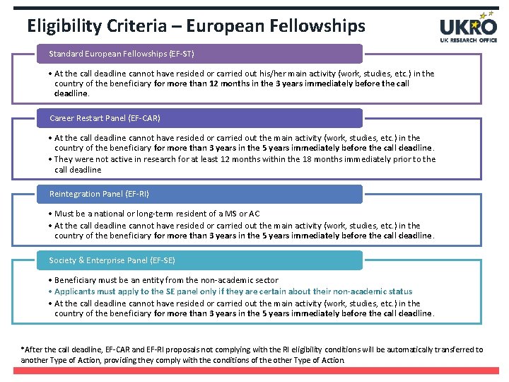 Eligibility Criteria – European Fellowships Standard European Fellowships (EF-ST) • At the call deadline