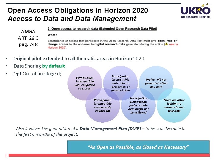 Open Access Obligations in Horizon 2020 Access to Data and Data Management AMGA ART.