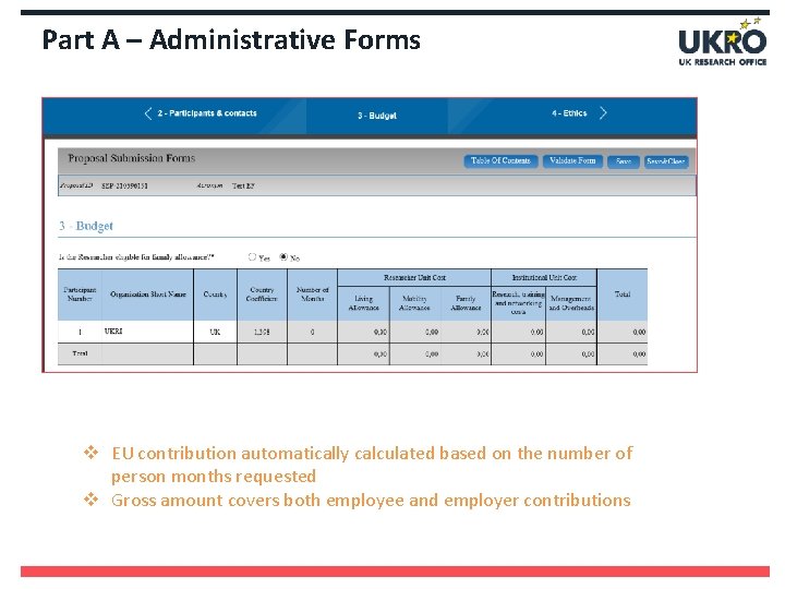 Part A – Administrative Forms v EU contribution automatically calculated based on the number