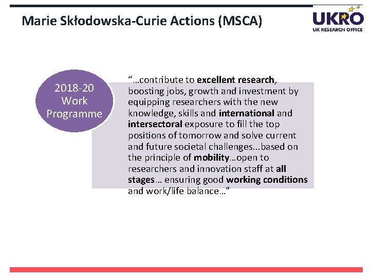 Marie Skłodowska-Curie Actions (MSCA) 2018 -20 Work Programme “…contribute to excellent research, boosting jobs,