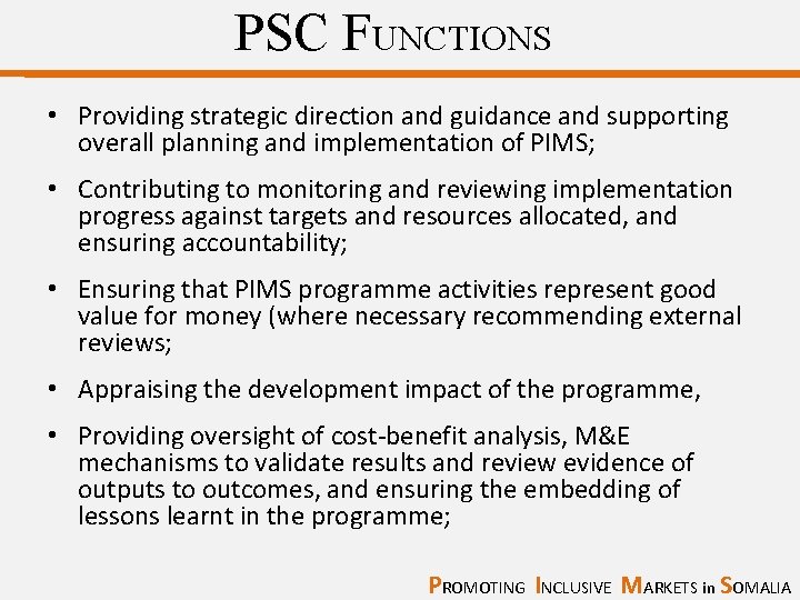 PSC FUNCTIONS • Providing strategic direction and guidance and supporting overall planning and implementation