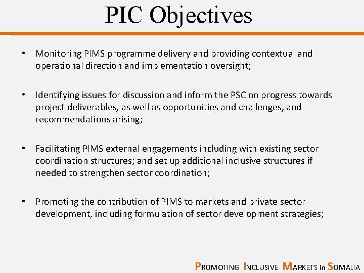 PIC Objectives • Monitoring PIMS programme delivery and providing contextual and operational direction and