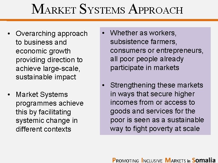 MARKET SYSTEMS APPROACH • Overarching approach to business and economic growth providing direction to